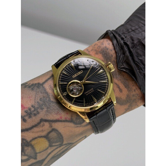 Custom Seiko Mod • Black Gold Open Heart Cocktail Presage Automatic Watch •  40.5mm